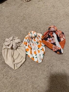 Baby Turban Hat Set - Orange Floral, Peach Print & Neutral Check